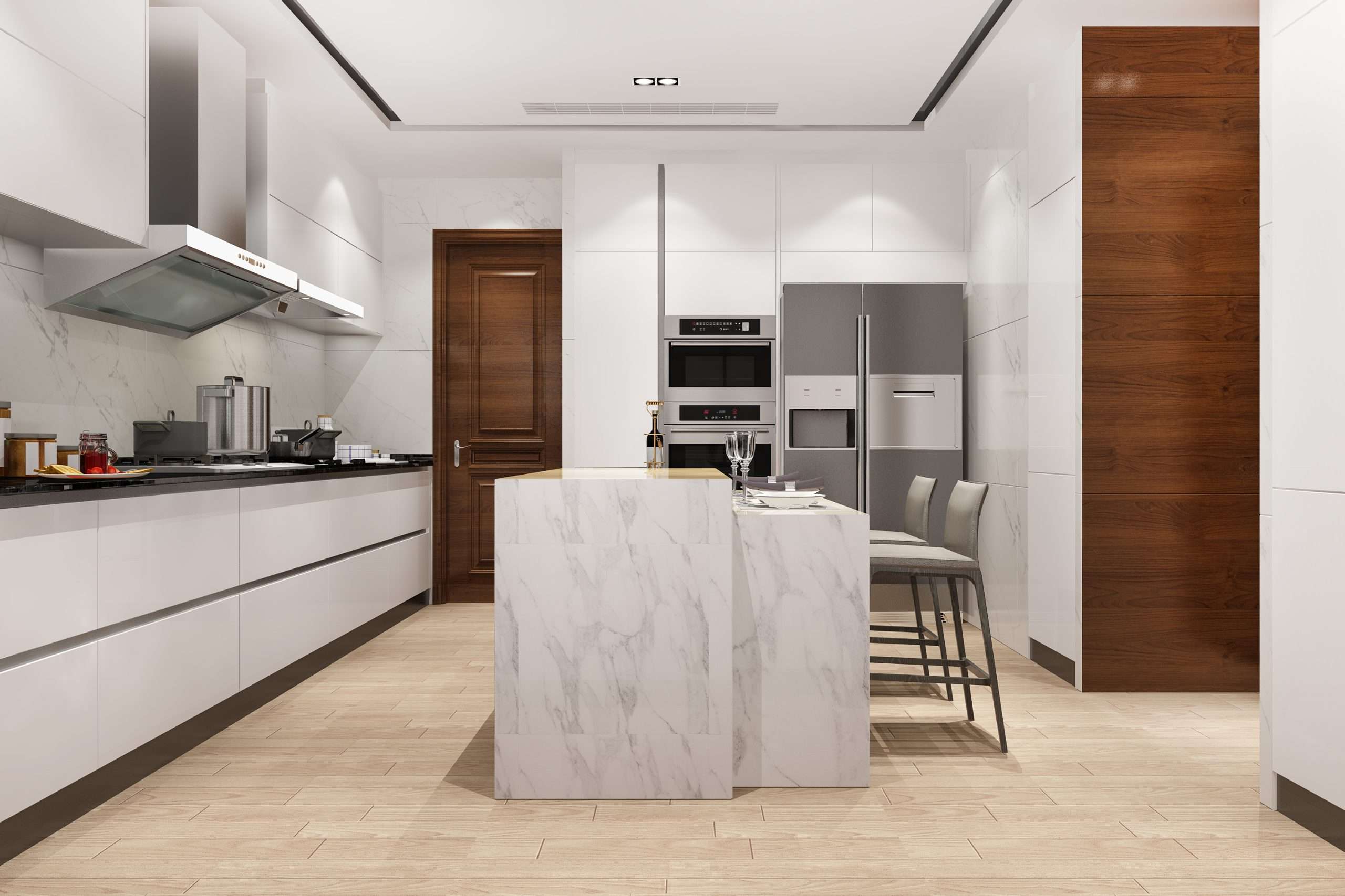 3d rendering white minimal kitchen with wood decoration Modular Kitchen